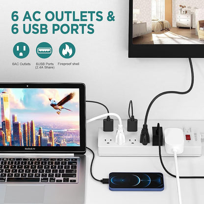 Surge Protector Power Strip 6 Outlets with 6 USB Charging Ports, USB Extension Cord, 1625W/13A Multiplug for Multiple Devices Smartphone Tablet Laptop Computer (6Ft, White)