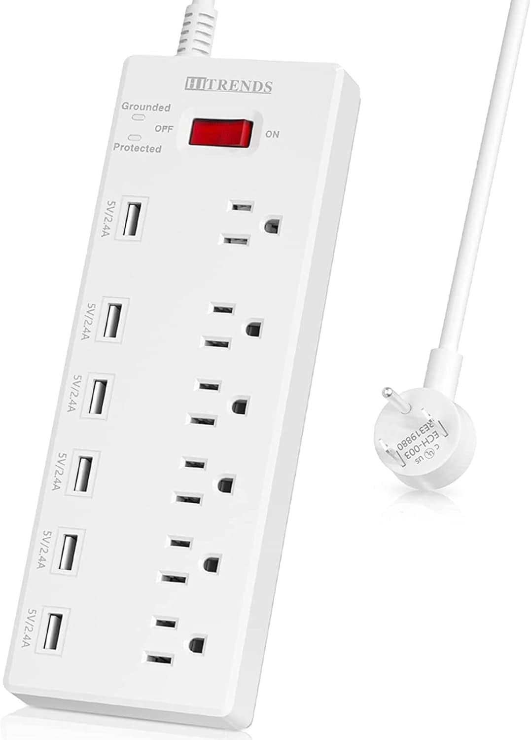 Surge Protector Power Strip 6 Outlets with 6 USB Charging Ports, USB Extension Cord, 1625W/13A Multiplug for Multiple Devices Smartphone Tablet Laptop Computer (6Ft, White)