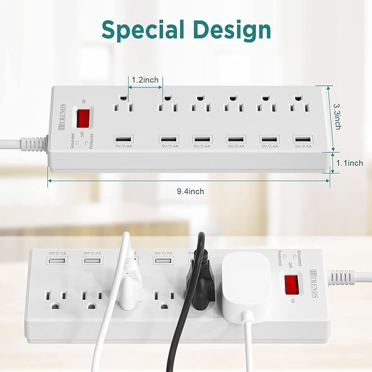 Surge Protector Power Strip 6 Outlets with 6 USB Charging Ports, USB Extension Cord, 1625W/13A Multiplug for Multiple Devices Smartphone Tablet Laptop Computer (6Ft, White)